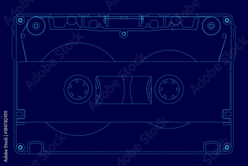 Blueprint outline of a cassette tape on a solid blue background. The clean white contour creates a retro technical schematic of an audio recorder.