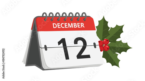 Festive December twelfth date on an illustrated desk calendar adorned with vibrant holly, perfect for holiday season planning.