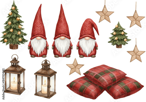 Watercolor painting of scandinavian tomte, cable knit stockings, and rustic stars, isolated on transparent, focusing on texture and soft ambient light, hygge christmas comfort concept