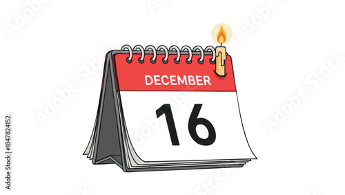 Illustrated desk calendar marking December 16 with a lit candle indicating a special occasion or birthday celebration