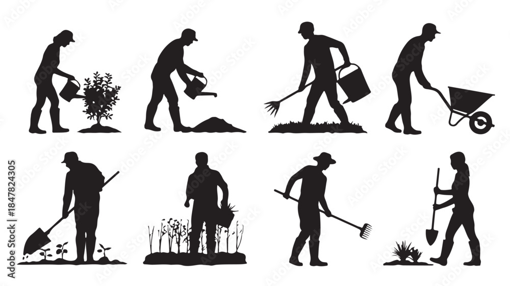 Obraz premium Gardener Silhouettes in Various Gardening Activities with Black and White Illustration for Agricultural Use