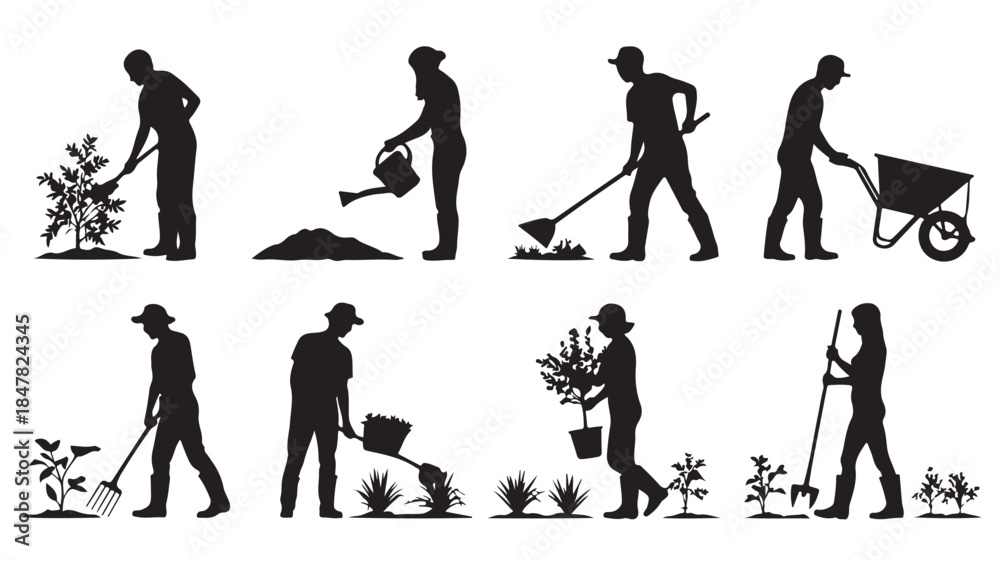 Obraz premium Gardener Silhouettes in Various Gardening Activities with Simple Black Illustrations on White Background for Agriculture and Horticulture