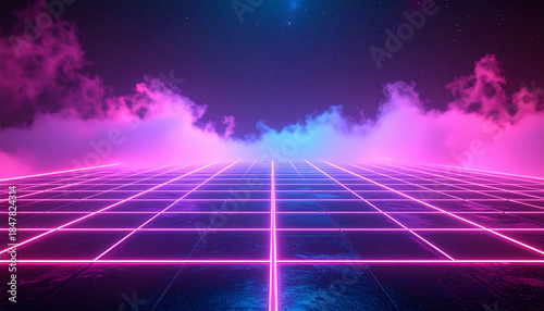 A neon grid stretches into the distance under a sky filled with pink and blue clouds, evoking a retro-futuristic aesthetic.