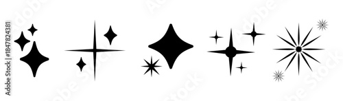 Shine retro icons set. Shine, sparkle black stars on a white background. Sparkle star minimalist symbols collection. Blink twinkle, sunburst star shapes. Magic light flare simple templates pack.