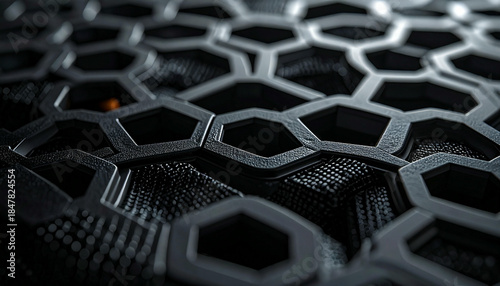 Close-up view of a dark hexagonal grid pattern over a textured fabric surface, creating an abstract technical background.