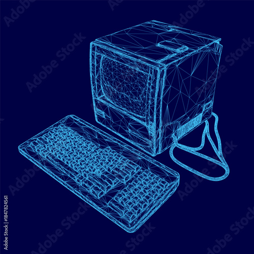 Retro computer wireframe model with keyboard and mouse on a blue workspace background, rendered in a detailed three-dimensional style.
