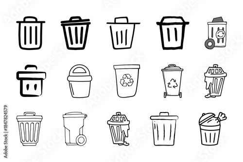 Hand drawn recycle icon and trash symbol. Collection of recycling symbols and trash cans. Bin icon set. Trash can collection. Vector illustration of hand drawn recycling sign. 
