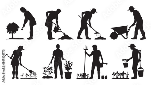 Farmer Silhouettes Gardening Activities Black Illustrations for Agriculture