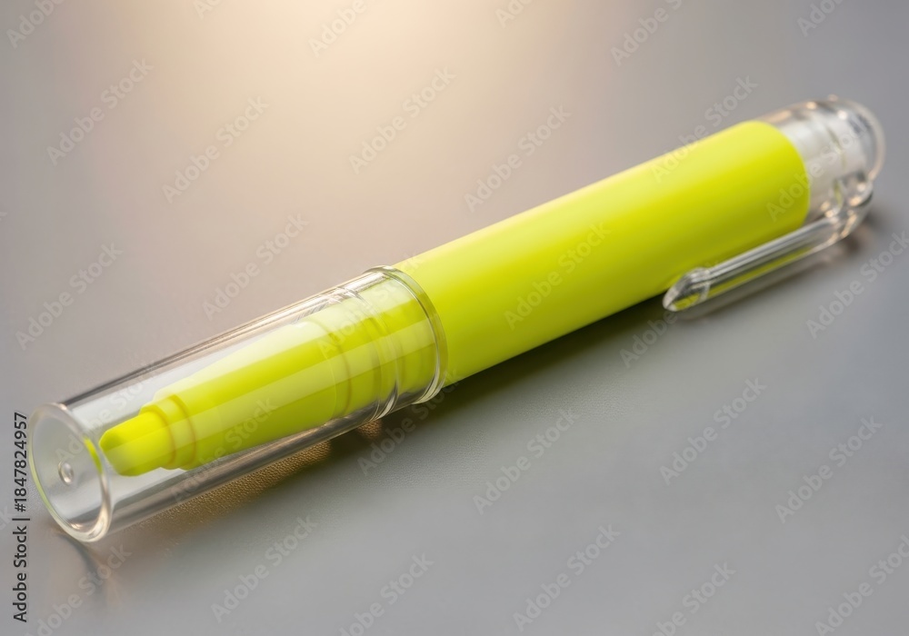 Fototapeta premium Fluorescent yellow writing instrument rests diagonally on a smooth gray surface with soft illumination
