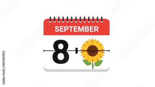 A vibrant digital calendar page highlighting September 8th, featuring a charming sunflower bloom icon graphic