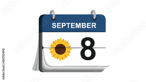 A vibrant digital illustration of a September 8th calendar page featuring a cheerful sunflower, symbolizing late summer or early autumn dates and