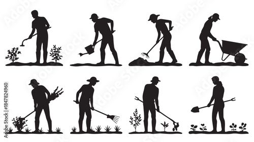 Gardening icons set with people working in garden, silhouette vector illustration