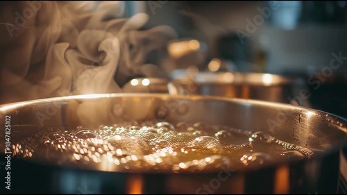 Close-up of boiling water in a metal pot on a stove with steam rising, preparing a meal in a kitchen setting.