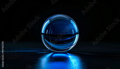 A perfectly spherical glass orb filled with a dark blue liquid, casting a vibrant blue reflection on a dark, textured surface.