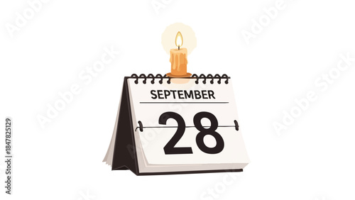 Vibrant graphic of a September 28th desk calendar topped with a lit candle icon for commemorating birthdays anniversaries holidays or special events