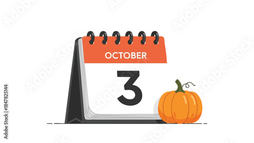 Autumnal calendar display on October third with a vibrant pumpkin marking the fall season