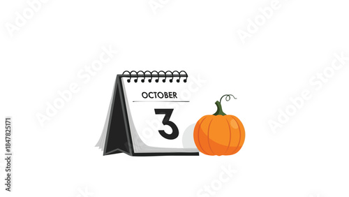 A charming digital illustration depicting an autumn calendar page displaying the date October third alongside a vibrant orange pumpkin, symbolizing