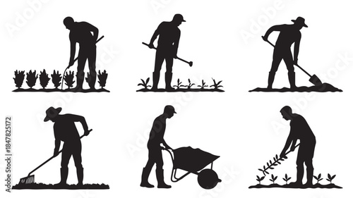 gardening icons, silhouette set of people working in garden with tools, vector