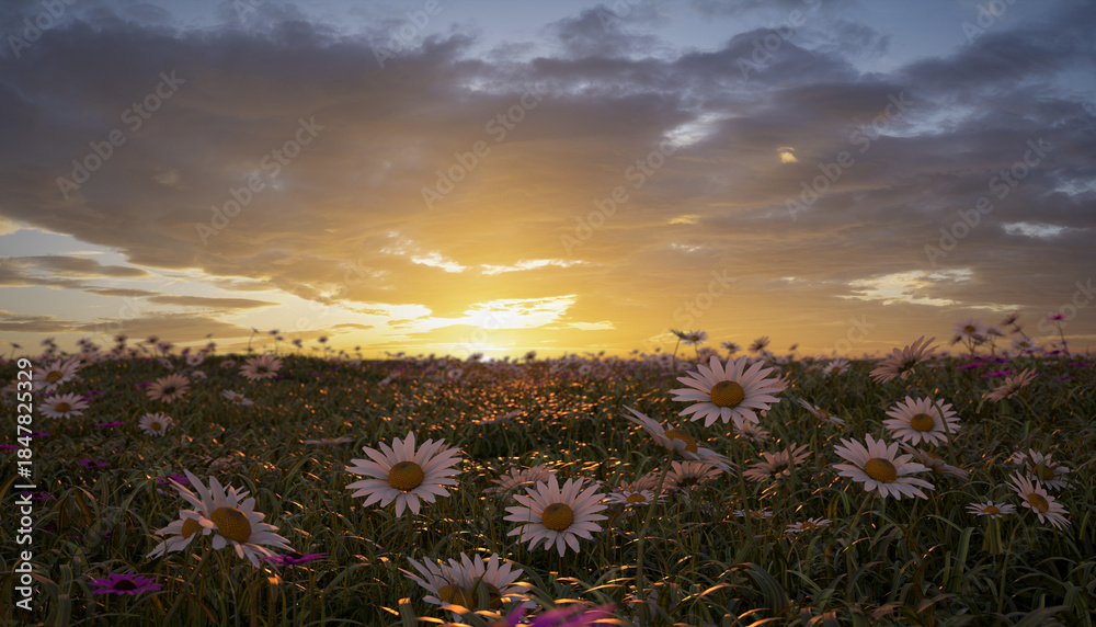 Naklejka premium A digitally rendered flowery meadow at sunset