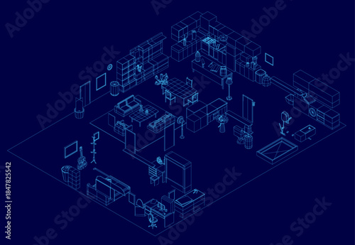 A detailed architectural blueprint of a furnished house interior, featuring wireframe outlines of tables, chairs, and various objects on a solid blue background. Isometric view