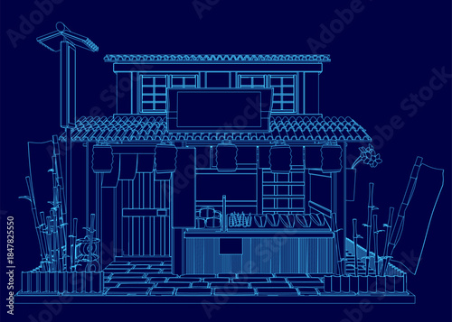 A detailed blueprint of a traditional Japanese house, featuring a prominent roof, walls, windows, and chimney on a solid blue background.