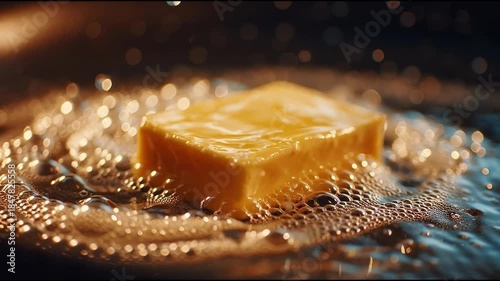 Golden Honeycomb Immersed in Sweet Liquid with Bubbles and Splashes.