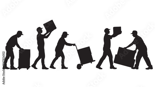 Silhouette of men moving boxes in dynamic motion with black and white contrast for logistics illustration