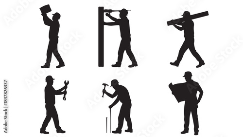 construction worker icons, laborer silhouettes for architecture and building design, flat vector