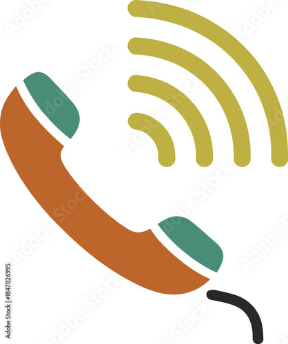 A vintage telephone handset is ringing with signal waves