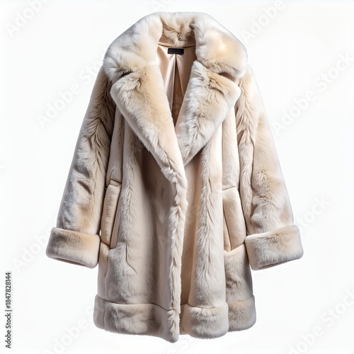 Elegant faux fur coat in cream tones against a clean white backdrop enhancing the garment
