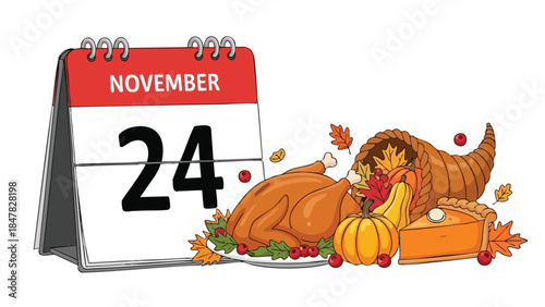 Festive November 24 Calendar and Autumn Harvest Feast Illustration Highlighting Gratitude and Abundance