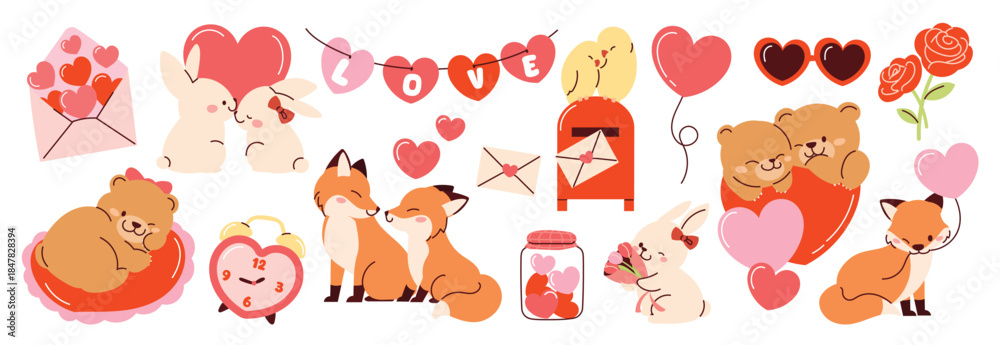 Fototapeta premium Valentine's Day cute animal couple vector illustration with bunny rabbit bear fox bird and heart love elements. Romantic hand drawn design for greeting cards invitations stickers packaging and social 