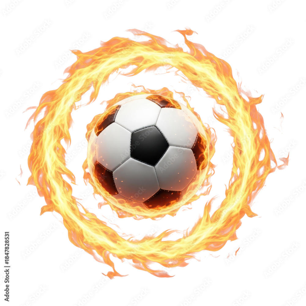 Fototapeta premium Soccer ball surrounded by ring of fire isolated on transparent background