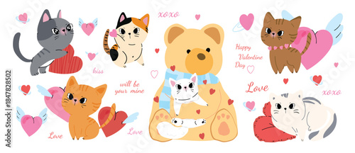 Valentine's Day cute cat and bear vector illustration with hearts wings and love messages. Romantic hand drawn animal design for greeting cards invitations stickers packaging and social media.