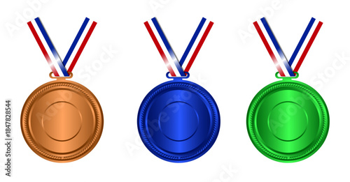 Three Bronze, Blue, and Green achievement medals with concentric ring designs and red white blue ribbons, symbolizing competition awards or recognition