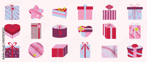 Valentine's Day gift box and chocolate vector illustration with heart shapes ribbons and love elements. Romantic hand drawn design for greeting cards packaging stickers and holiday decoration.