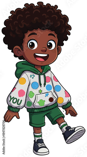 A smiling cartoon boy in a festive outfit is walking happily on a white background