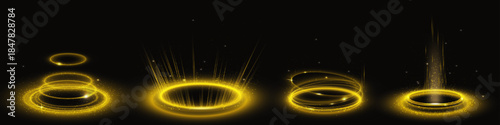 Glowing Golden Portal Rings – Sci-Fi Teleportation and Magical Gate Effects on Black Background