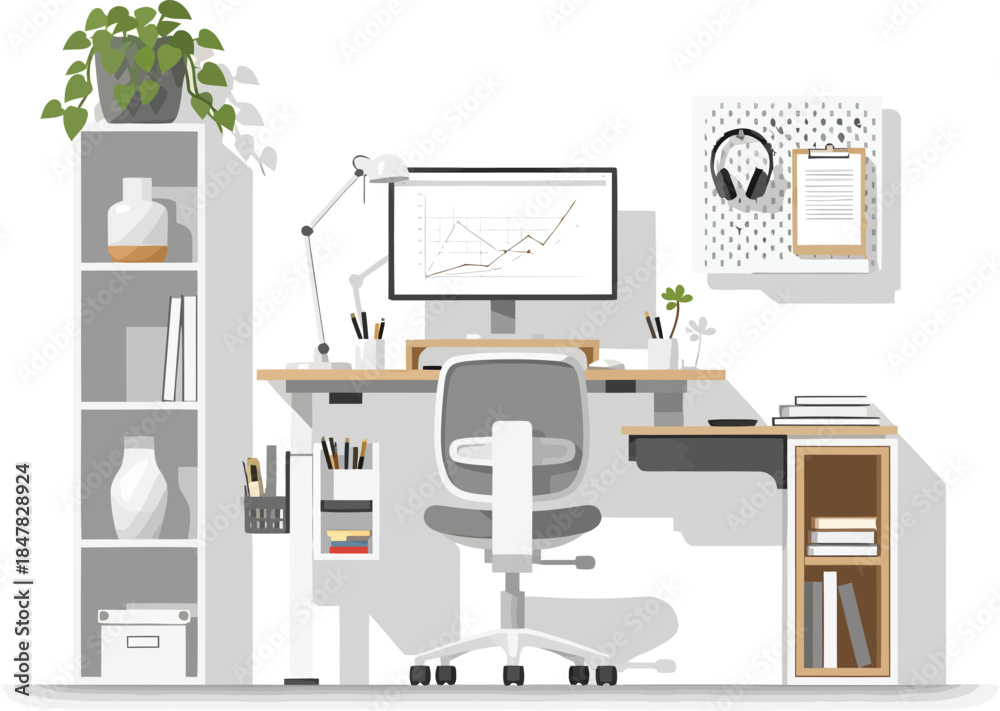 Fototapeta premium Modern Home Office Desk Workspace Flat Vector
