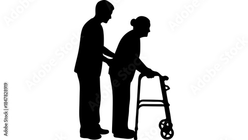 Elderly woman walking with assistance with transparent background
