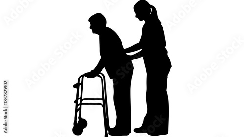 Elderly man with walker assisted by caregiver with transparent background
