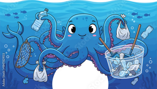 Cute Octopus Cleaning Ocean Plastic Pollution Vector