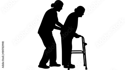 Caregiver assisting senior woman with walker with transparent background