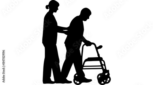 Caregiver assisting senior with walker with transparent background