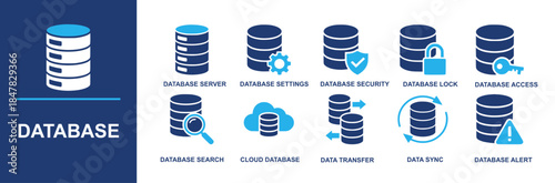 Database icon set. Containing database server, database settings, database security, database lock, database access, database search, cloud database, data transfer, data sync, database alert and more.