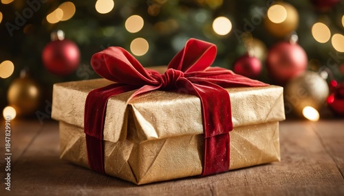 Close-up of a gold wrapped christmas gift with a red velvet ribbon on a wooden table, a rustic and elegant holiday concept