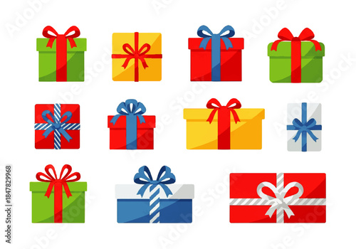 Colorful gift boxes with ribbons and bows in various patterns