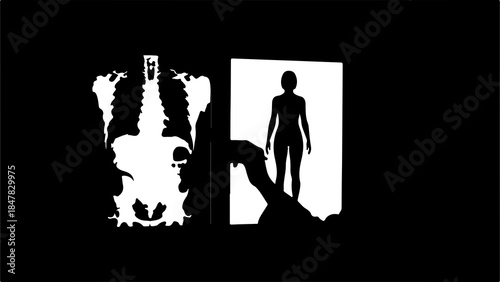 Silhouette of woman and abstract face with transparent background