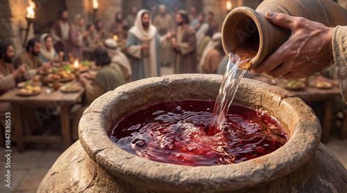Biblical miracle at the Wedding of Cana. Close-up of water pouring from a pitcher and transforming into red wine in a stone jar, with Jesus and guests feasting in the blurred background.