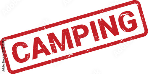 Grunge Style Camping Rubber Stamp Red Ink Print With Distressed Texture on White Background
